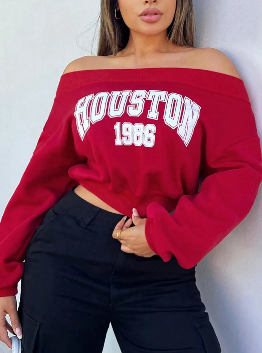 LovelyWholesale Women Off the Shoulder Sweatshirt Graphic Crop Tops Long Sleeve Shirts