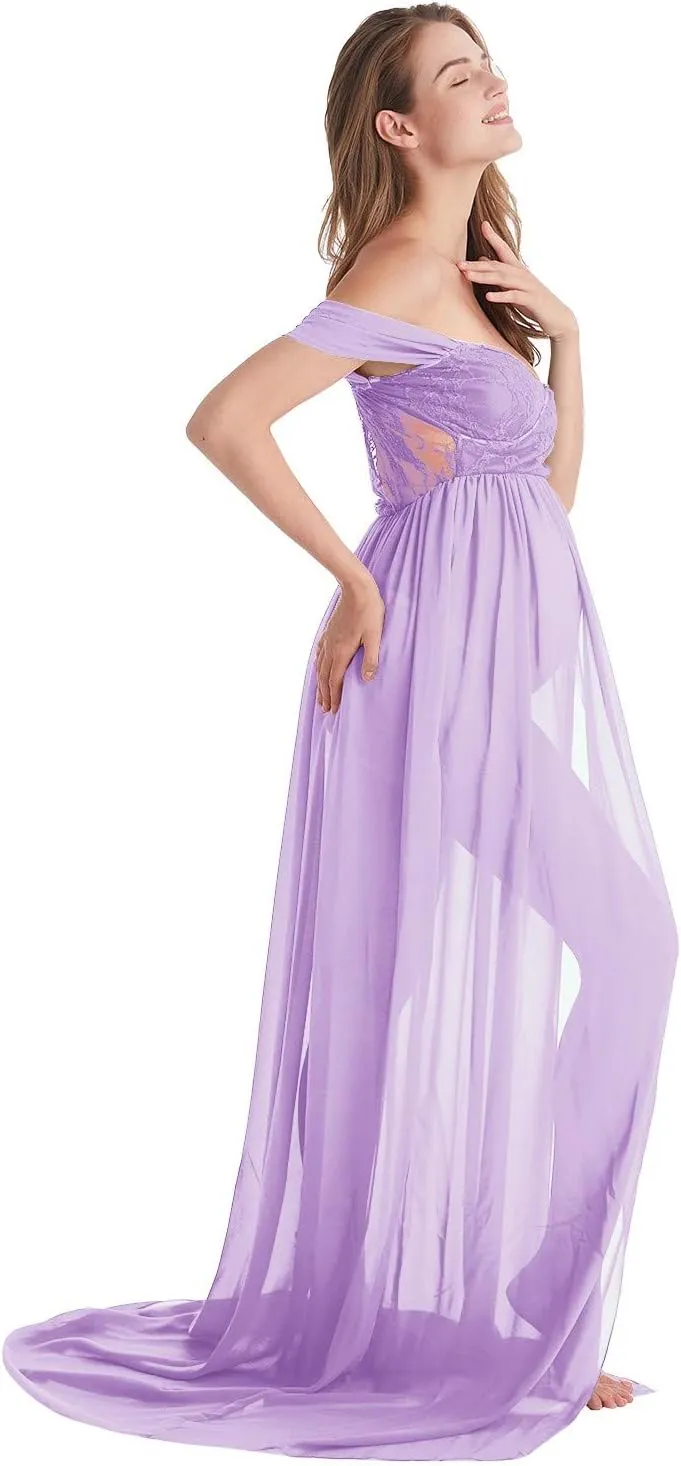 Maternity Chiffon Dresses for Photo Shoot Off Shoulder Split Front Maxi Photography Wedding Party Baby Shower Gown
