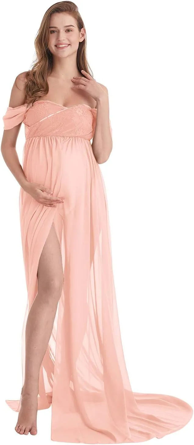 Maternity Chiffon Dresses for Photo Shoot Off Shoulder Split Front Maxi Photography Wedding Party Baby Shower Gown