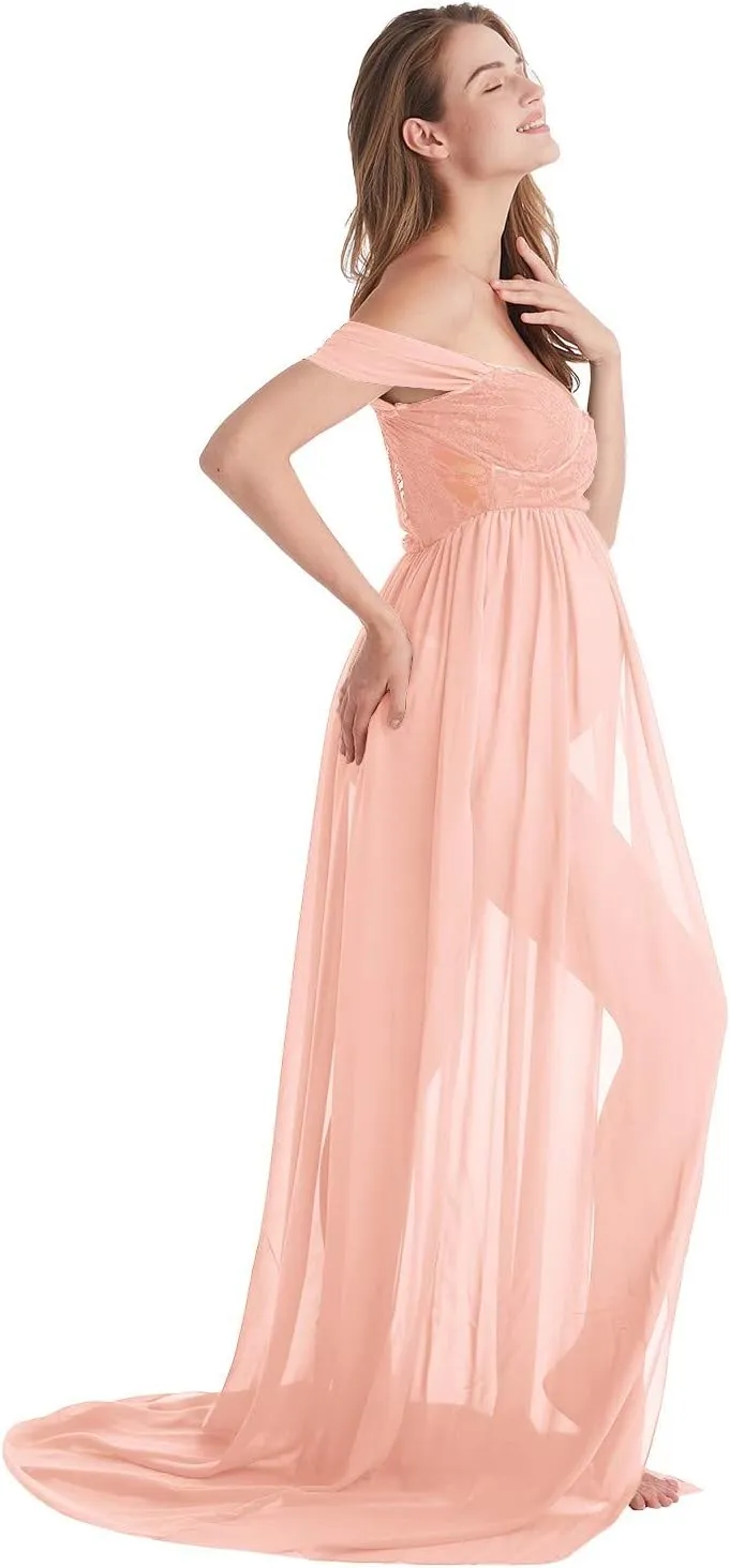 Maternity Chiffon Dresses for Photo Shoot Off Shoulder Split Front Maxi Photography Wedding Party Baby Shower Gown