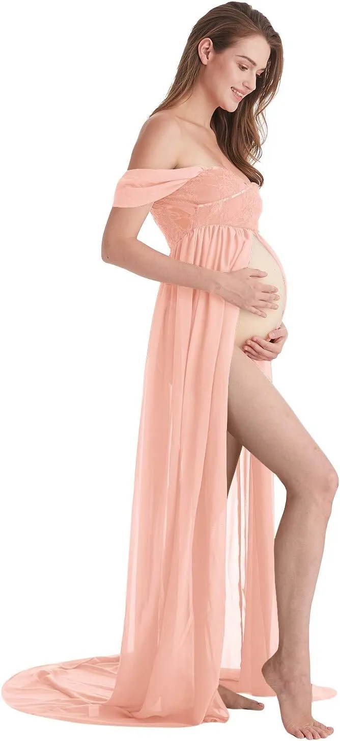 Maternity Chiffon Dresses for Photo Shoot Off Shoulder Split Front Maxi Photography Wedding Party Baby Shower Gown