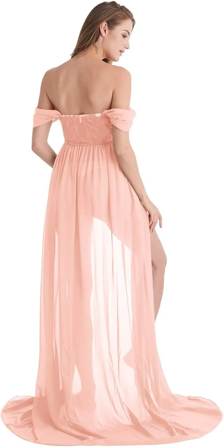 Maternity Chiffon Dresses for Photo Shoot Off Shoulder Split Front Maxi Photography Wedding Party Baby Shower Gown