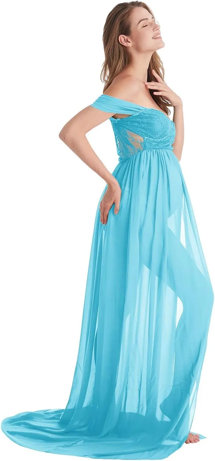 Maternity Chiffon Dresses for Photo Shoot Off Shoulder Split Front Maxi Photography Wedding Party Baby Shower Gown