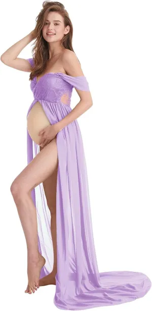 Maternity Chiffon Dresses for Photo Shoot Off Shoulder Split Front Maxi Photography Wedding Party Baby Shower Gown