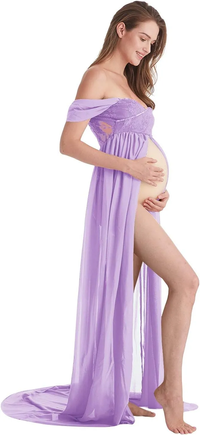 Maternity Chiffon Dresses for Photo Shoot Off Shoulder Split Front Maxi Photography Wedding Party Baby Shower Gown