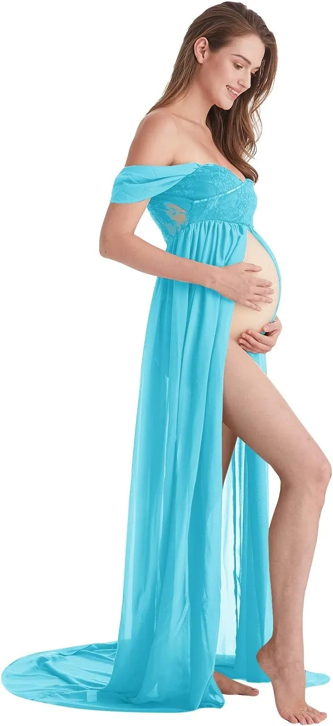 Maternity Chiffon Dresses for Photo Shoot Off Shoulder Split Front Maxi Photography Wedding Party Baby Shower Gown