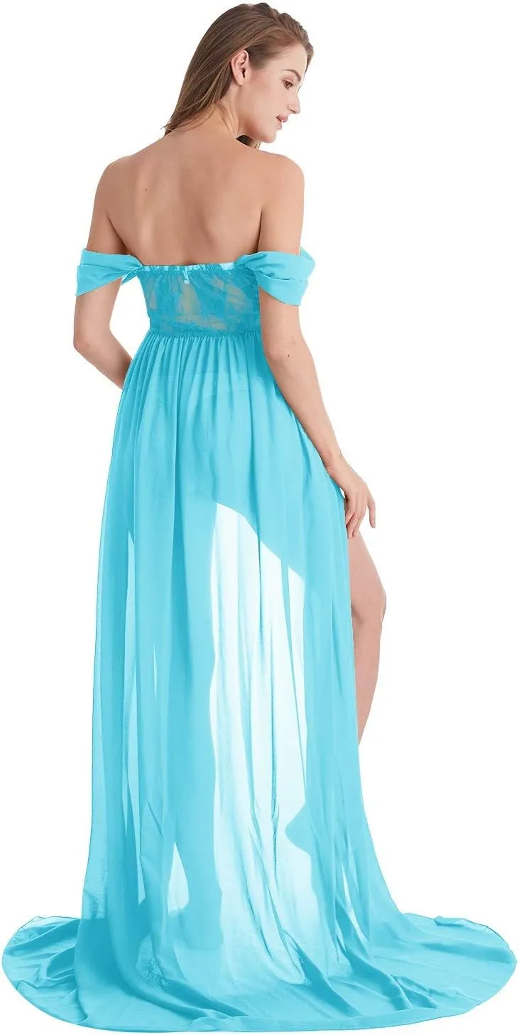 Maternity Chiffon Dresses for Photo Shoot Off Shoulder Split Front Maxi Photography Wedding Party Baby Shower Gown