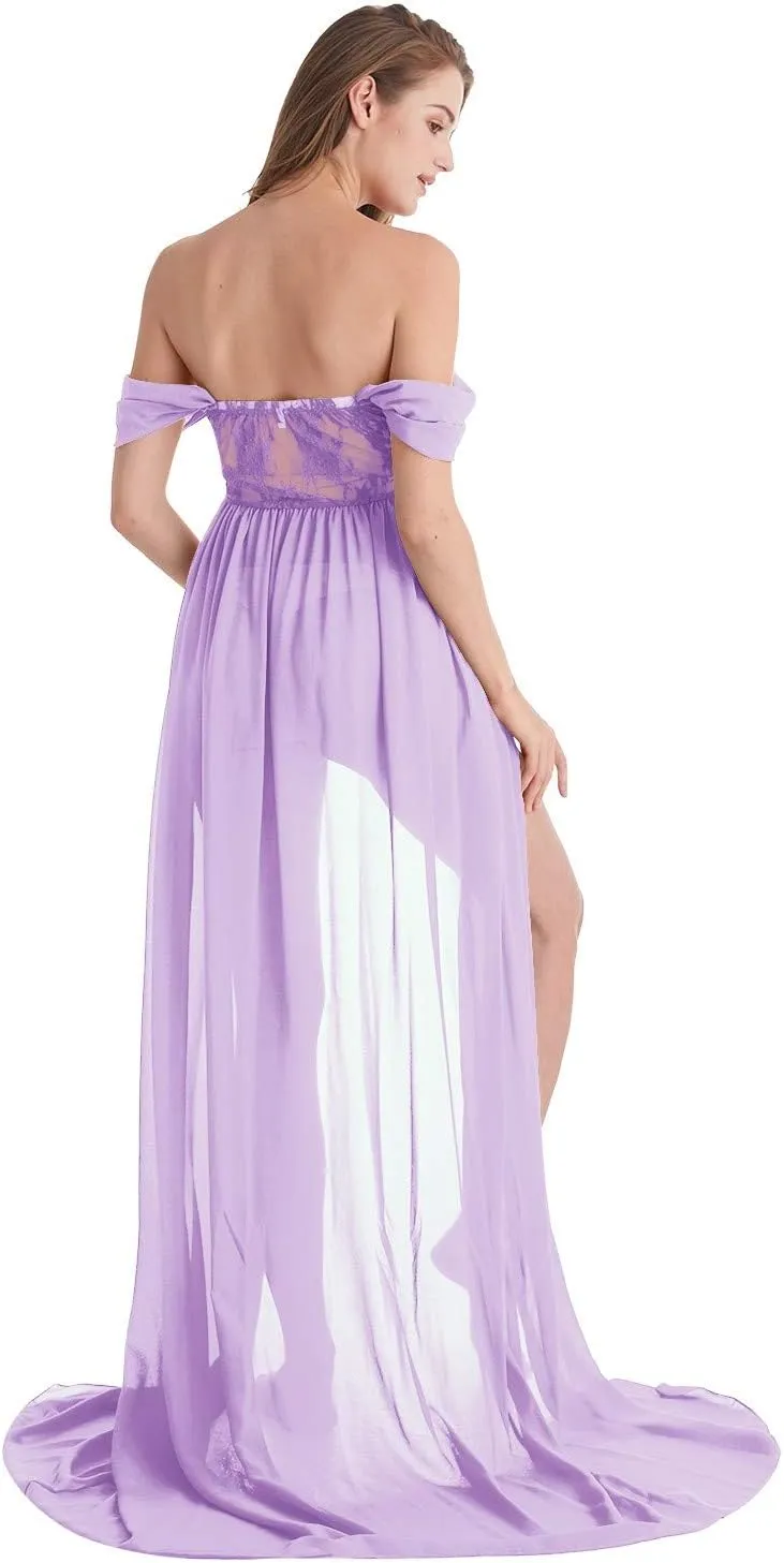 Maternity Chiffon Dresses for Photo Shoot Off Shoulder Split Front Maxi Photography Wedding Party Baby Shower Gown