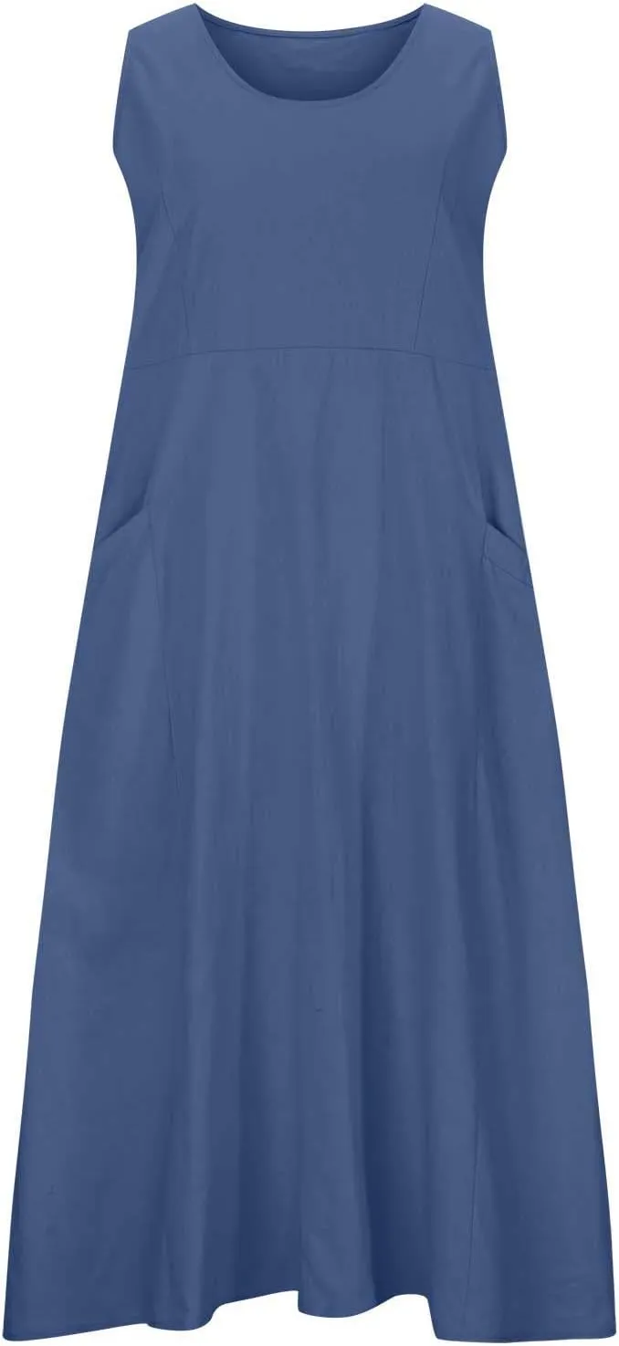Maxi Dresses for Women 2025 Sleeveless Cotton Linen Summer Dress with Pockets Boho Beach Vacation Sundress