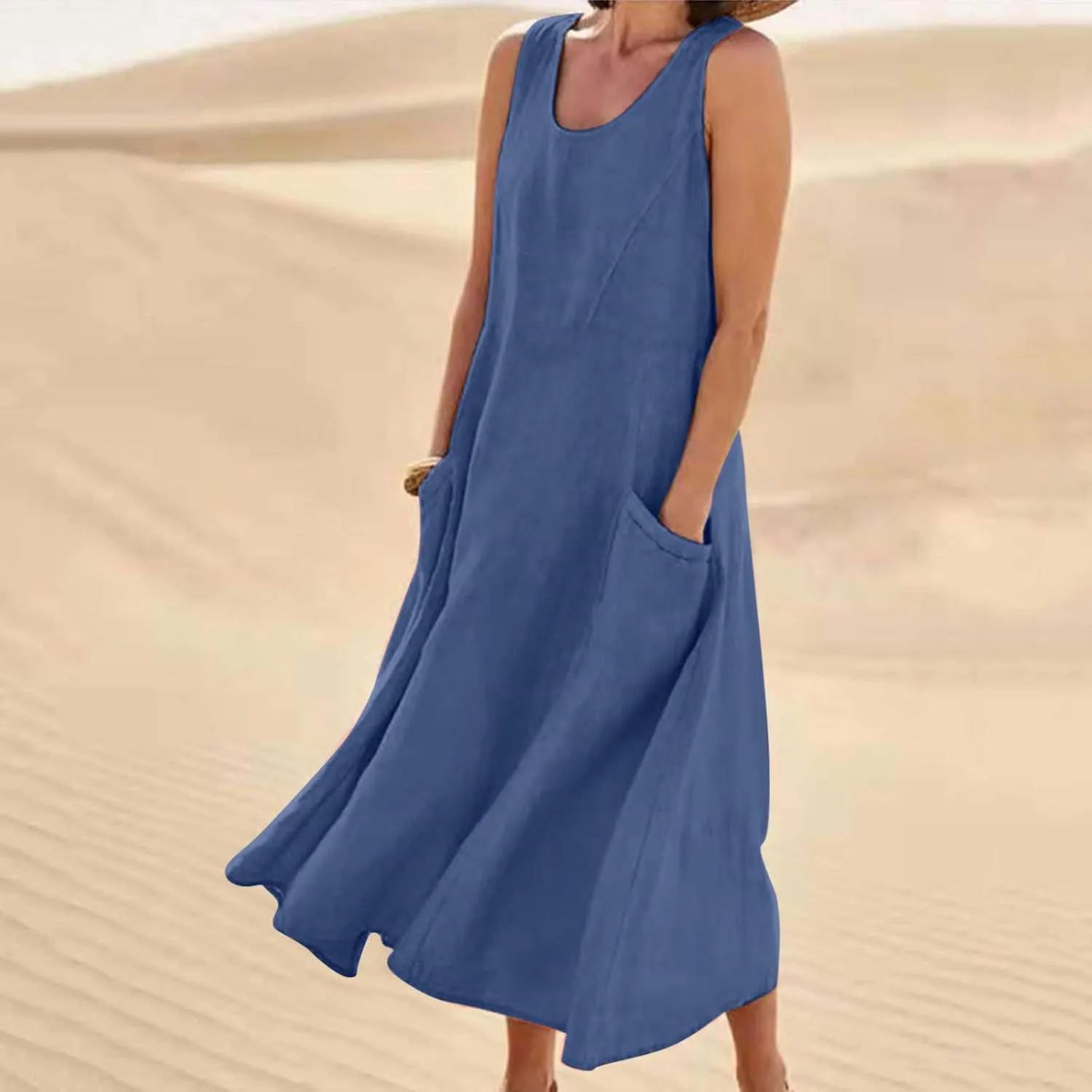 Maxi Dresses for Women 2025 Sleeveless Cotton Linen Summer Dress with Pockets Boho Beach Vacation Sundress