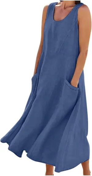 Maxi Dresses for Women 2025 Sleeveless Cotton Linen Summer Dress with Pockets Boho Beach Vacation Sundress