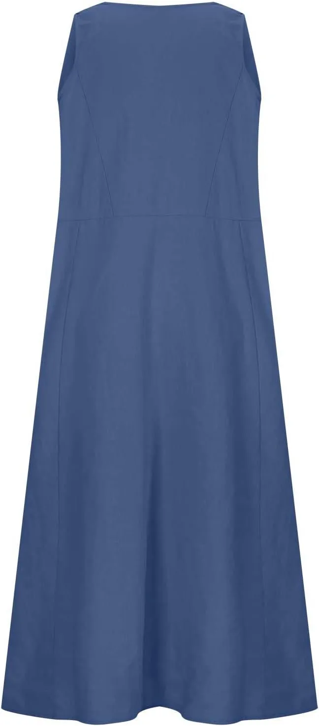 Maxi Dresses for Women 2025 Sleeveless Cotton Linen Summer Dress with Pockets Boho Beach Vacation Sundress