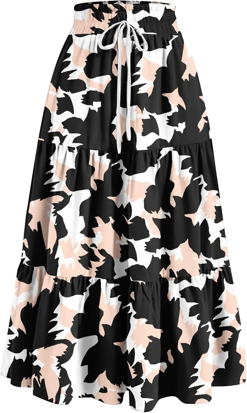 Maxi Skirts for Women 2025 Spring Summer Trendy Elastic Waist Floral Flowy Long Skirt Beach Vacation Clothes
