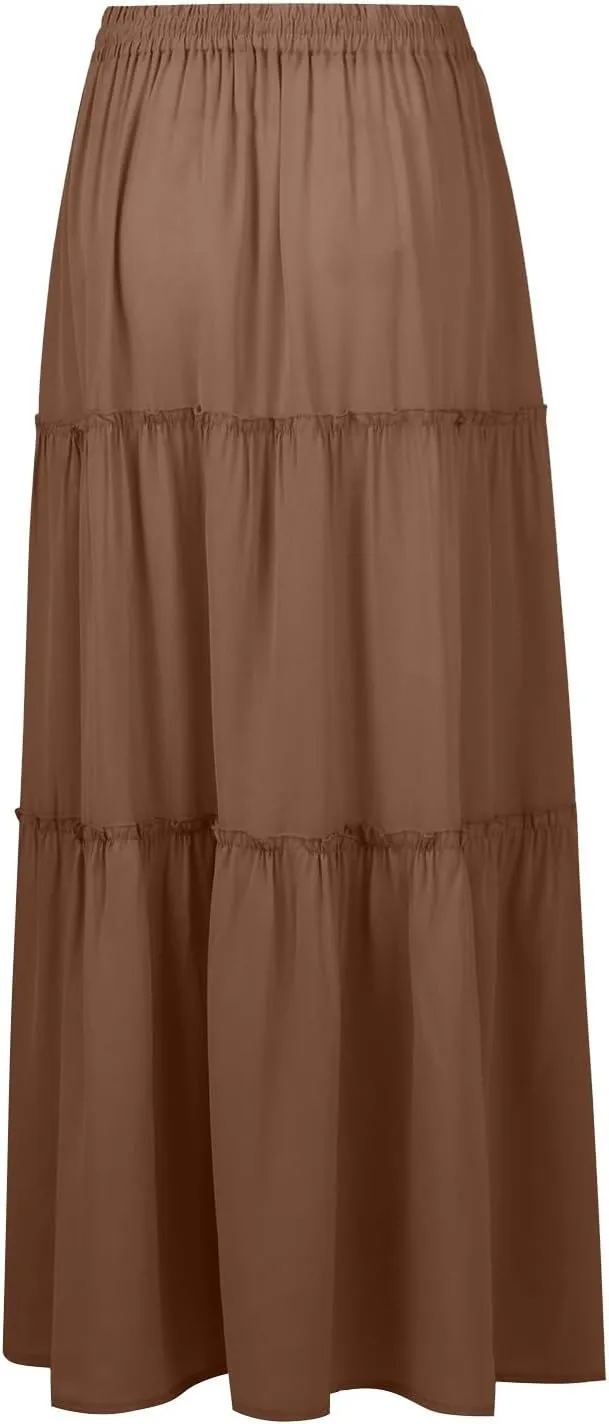 Maxi Skirts for Women Summer Floral Pleated Tiered Boho Flowy Elastic Waist Aline Spring Beach Vacation Long Skirt