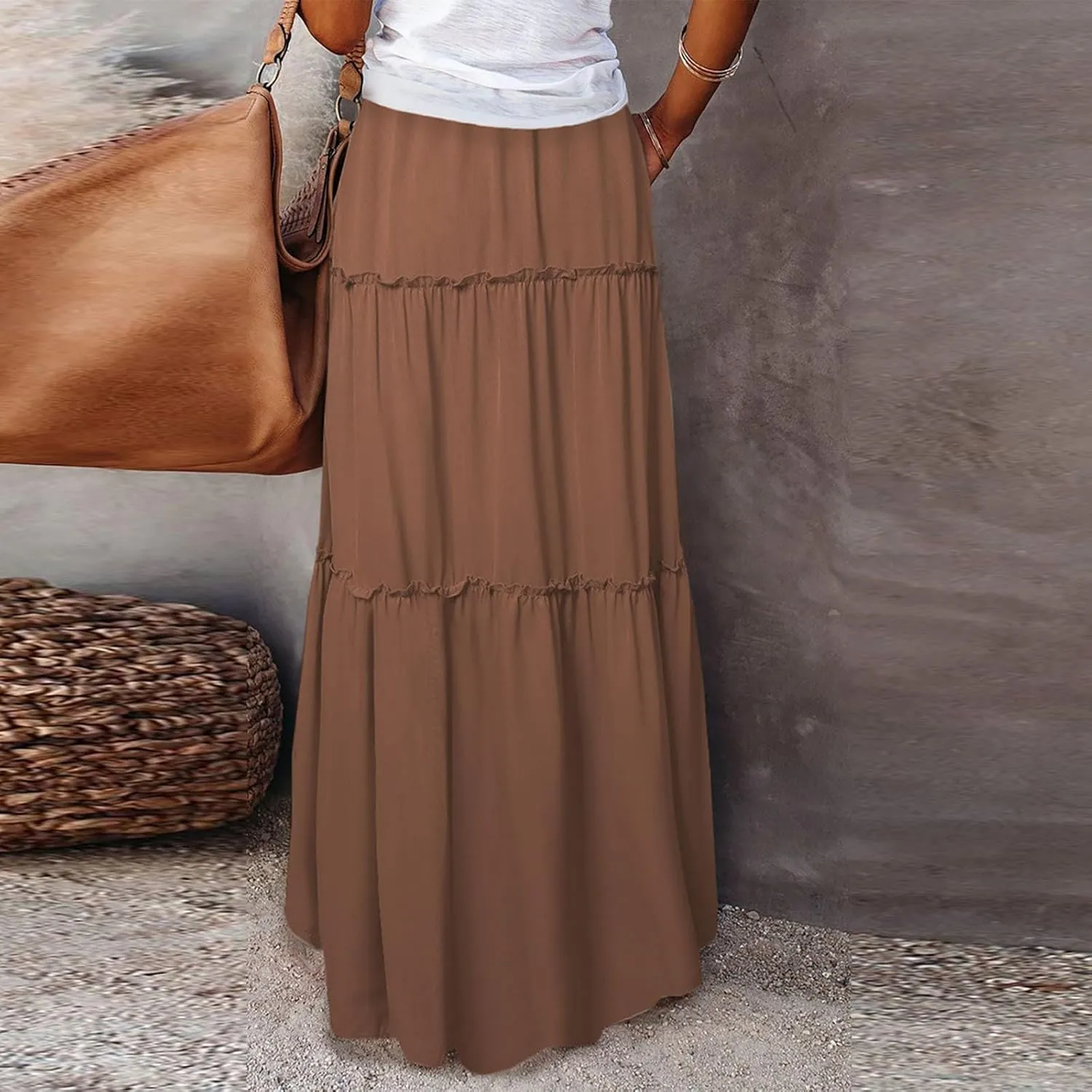 Maxi Skirts for Women Summer Floral Pleated Tiered Boho Flowy Elastic Waist Aline Spring Beach Vacation Long Skirt