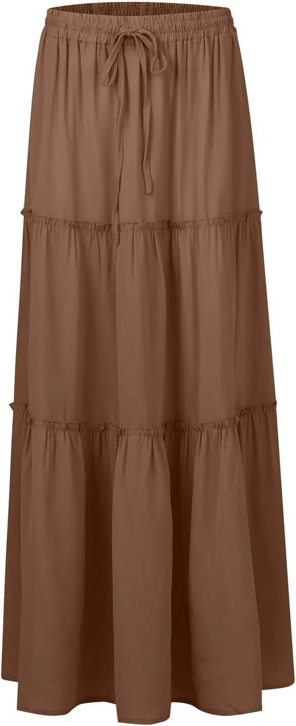 Maxi Skirts for Women Summer Floral Pleated Tiered Boho Flowy Elastic Waist Aline Spring Beach Vacation Long Skirt