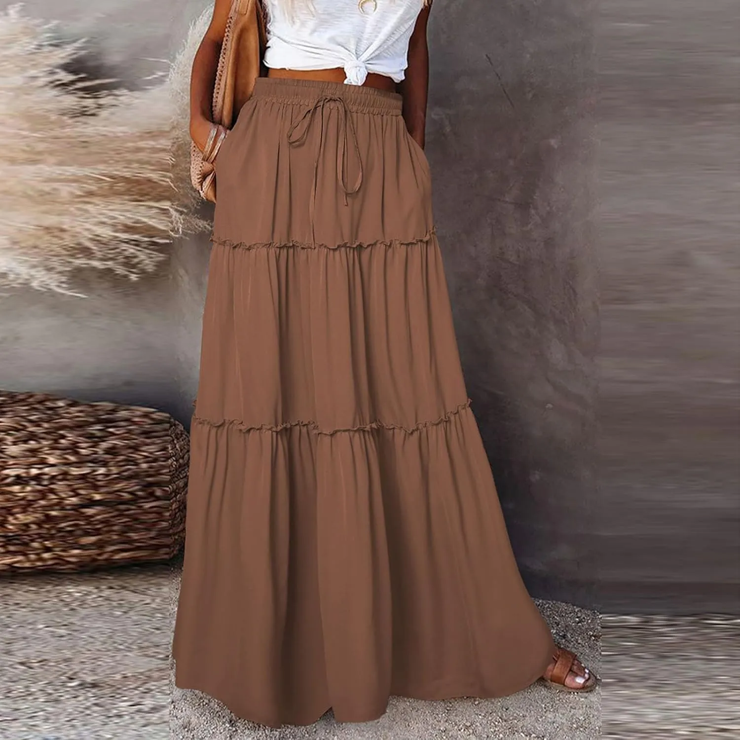 Maxi Skirts for Women Summer Floral Pleated Tiered Boho Flowy Elastic Waist Aline Spring Beach Vacation Long Skirt