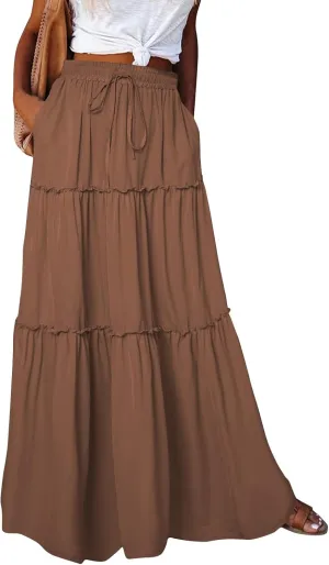 Maxi Skirts for Women Summer Floral Pleated Tiered Boho Flowy Elastic Waist Aline Spring Beach Vacation Long Skirt