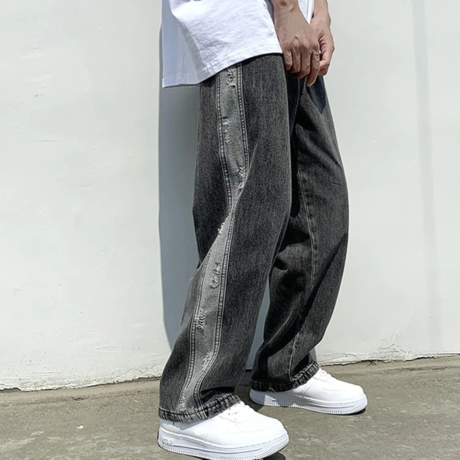 Means Jeans Casual Pocket Drawstring Waist Solid Color Slim Toe Jeans Pants Flex Waist Jean Men's Lightweight Jeans