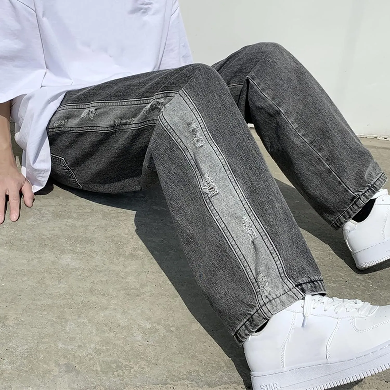 Means Jeans Casual Pocket Drawstring Waist Solid Color Slim Toe Jeans Pants Flex Waist Jean Men's Lightweight Jeans