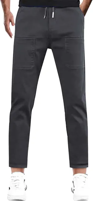 Men Cargo Pants Elastic Waist Summer Trendy Work Pants Outdoor Casual Plain Straight Leg Trousers with Muti Pockets