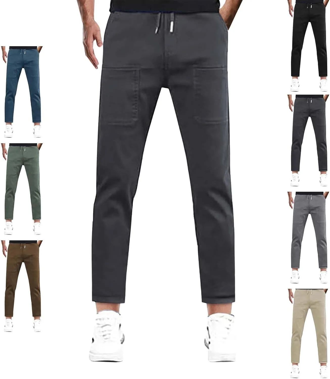 Men Cargo Pants Elastic Waist Summer Trendy Work Pants Outdoor Casual Plain Straight Leg Trousers with Muti Pockets