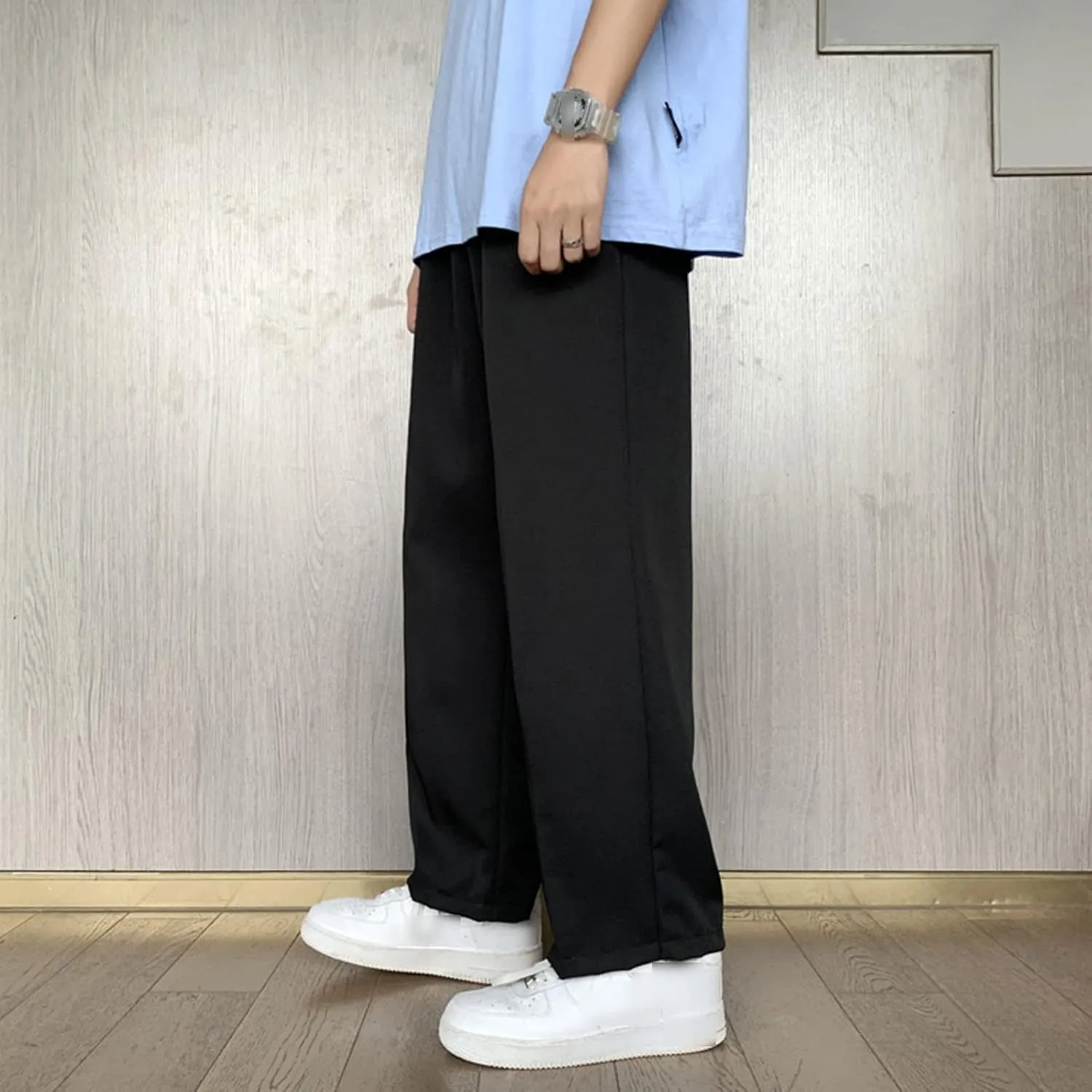 Men Casual Wide-Leg Nine-Point Suit Pants Straight Trousers Wide Pants Oversized Fashion Pure Black Old Daddy Pants