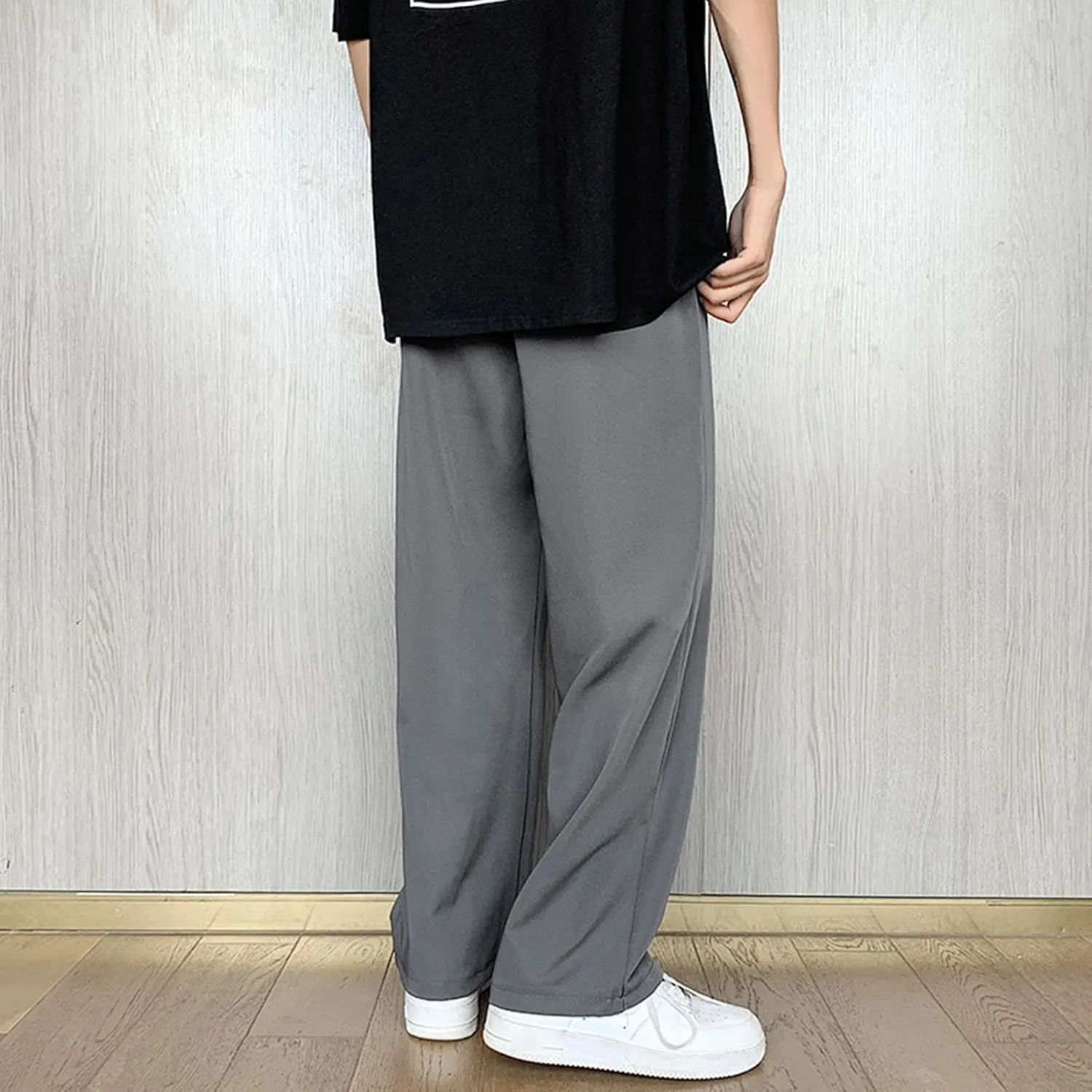 Men Casual Wide-Leg Nine-Point Suit Pants Straight Trousers Wide Pants Oversized Fashion Pure Black Old Daddy Pants