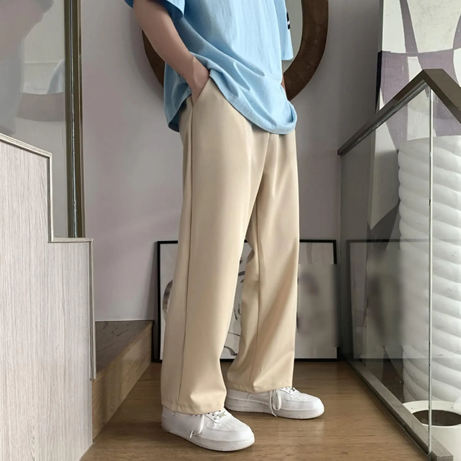 Men Casual Wide-Leg Nine-Point Suit Pants Straight Trousers Wide Pants Oversized Fashion Pure Black Old Daddy Pants