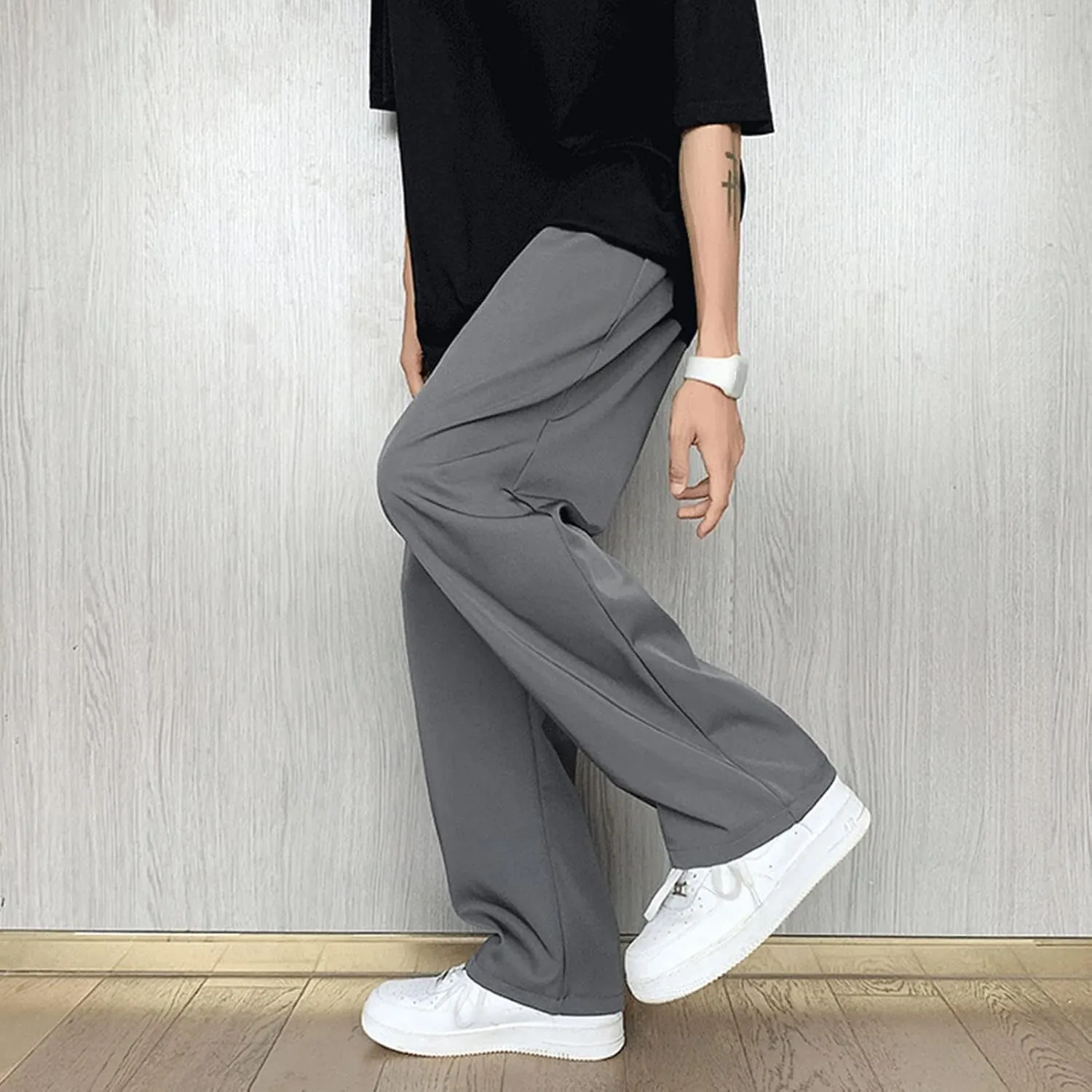 Men Casual Wide-Leg Nine-Point Suit Pants Straight Trousers Wide Pants Oversized Fashion Pure Black Old Daddy Pants