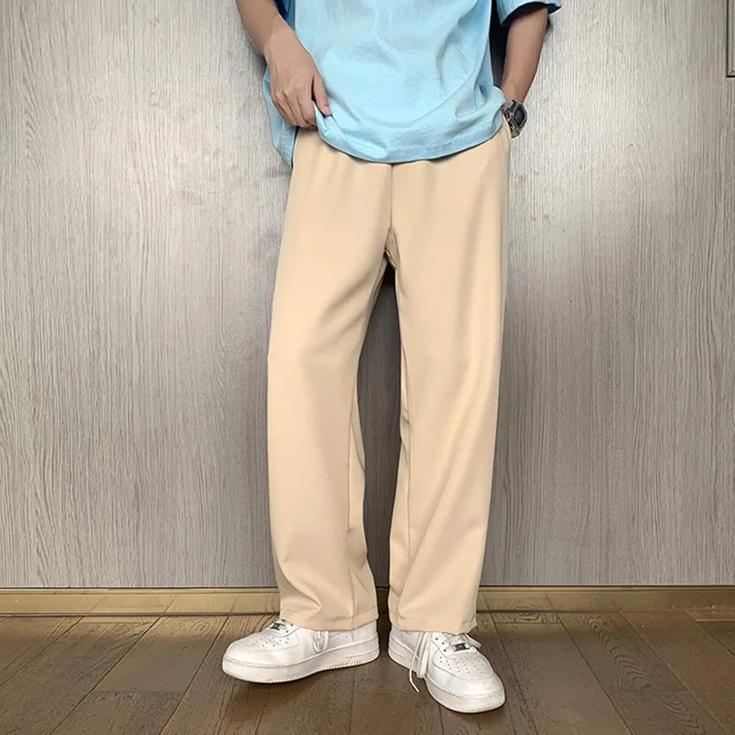 Men Casual Wide-Leg Nine-Point Suit Pants Straight Trousers Wide Pants Oversized Fashion Pure Black Old Daddy Pants