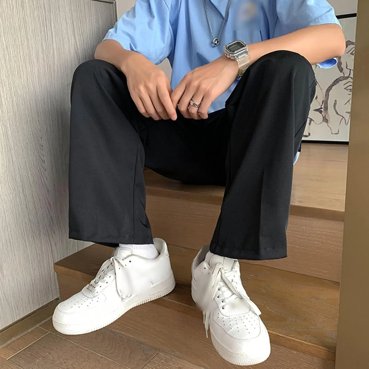 Men Casual Wide-Leg Nine-Point Suit Pants Straight Trousers Wide Pants Oversized Fashion Pure Black Old Daddy Pants