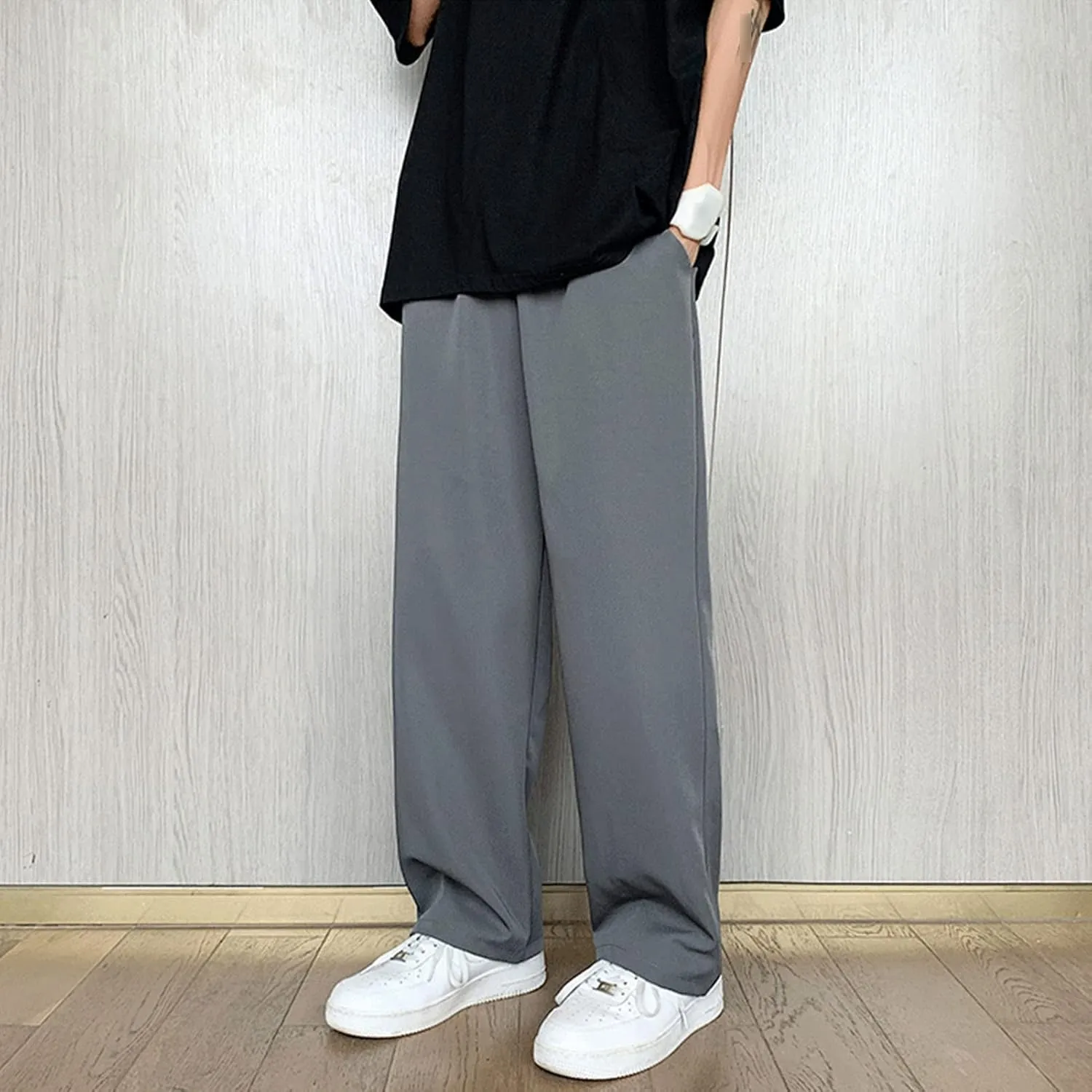 Men Casual Wide-Leg Nine-Point Suit Pants Straight Trousers Wide Pants Oversized Fashion Pure Black Old Daddy Pants