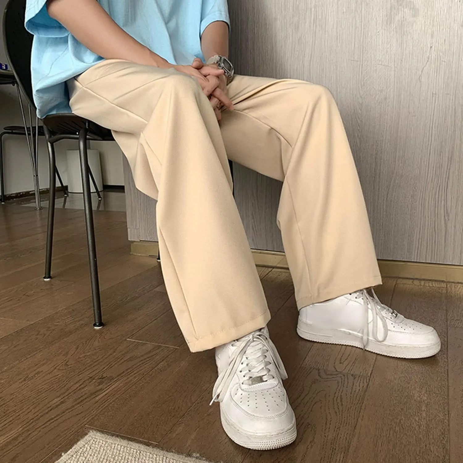 Men Casual Wide-Leg Nine-Point Suit Pants Straight Trousers Wide Pants Oversized Fashion Pure Black Old Daddy Pants