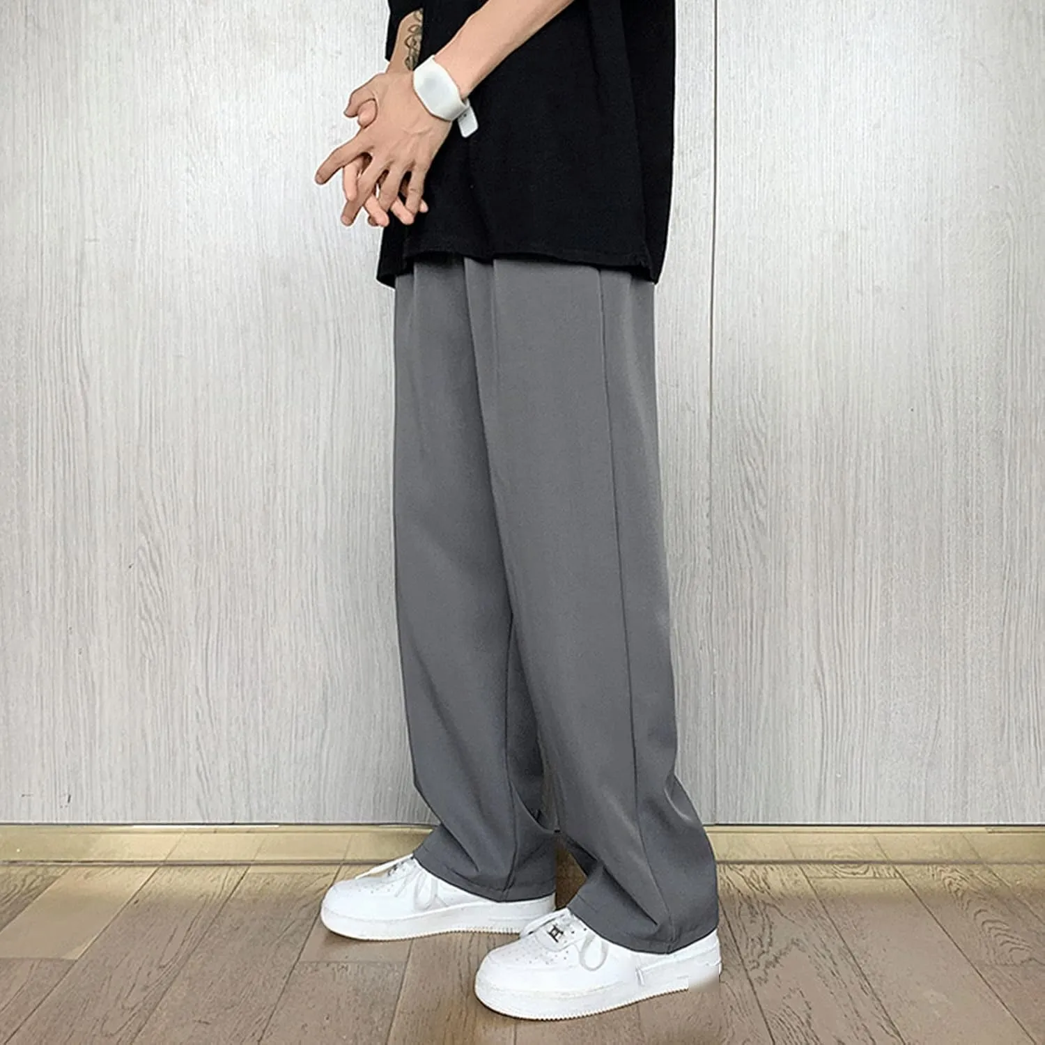 Men Casual Wide-Leg Nine-Point Suit Pants Straight Trousers Wide Pants Oversized Fashion Pure Black Old Daddy Pants