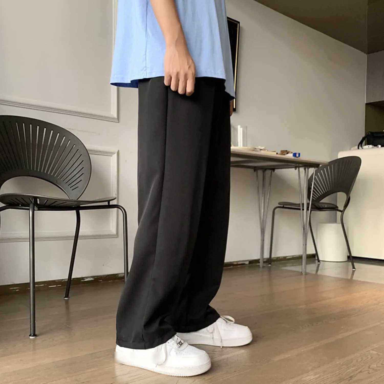 Men Casual Wide-Leg Nine-Point Suit Pants Straight Trousers Wide Pants Oversized Fashion Pure Black Old Daddy Pants