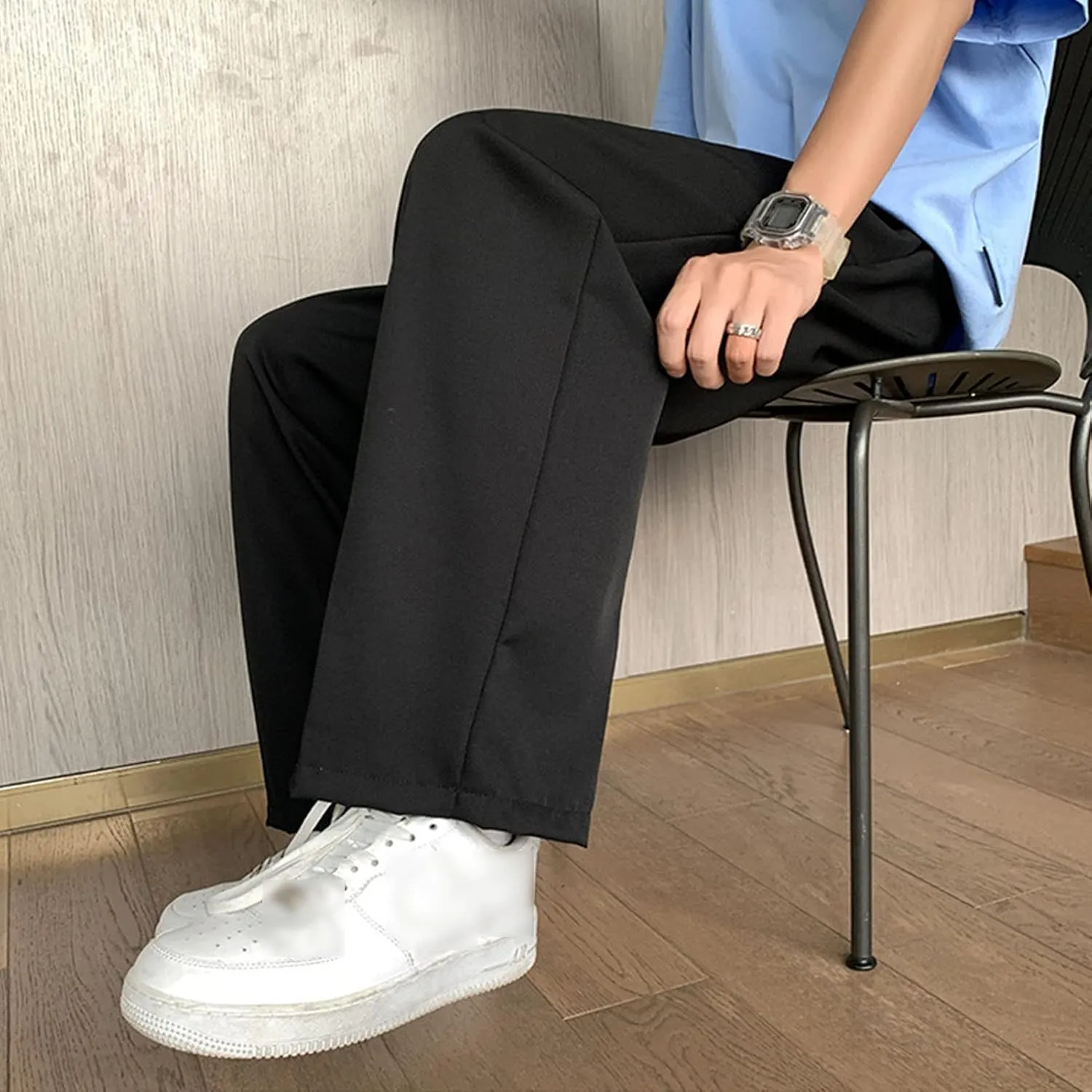 Men Casual Wide-Leg Nine-Point Suit Pants Straight Trousers Wide Pants Oversized Fashion Pure Black Old Daddy Pants