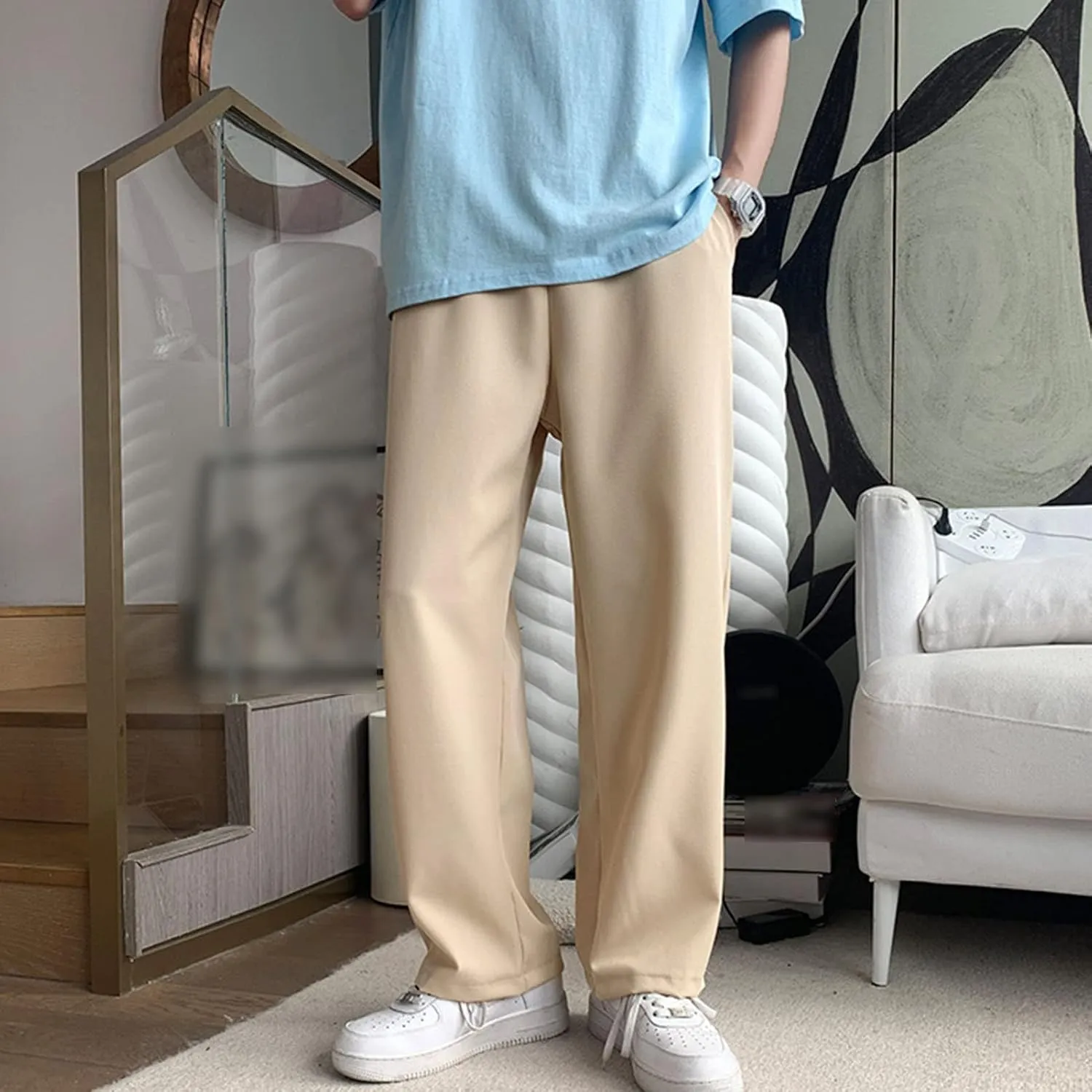 Men Casual Wide-Leg Nine-Point Suit Pants Straight Trousers Wide Pants Oversized Fashion Pure Black Old Daddy Pants