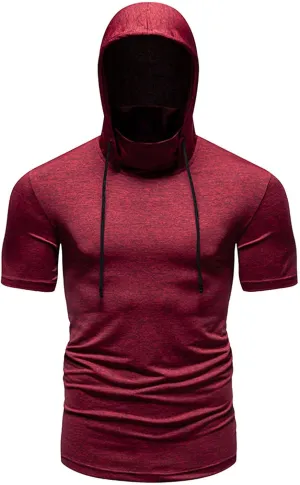 Men Hooded T Shirts Summer Casual Short Sleeve Performance Hoodie with Face Mask Hooded Tops Workout Athletic Shirts