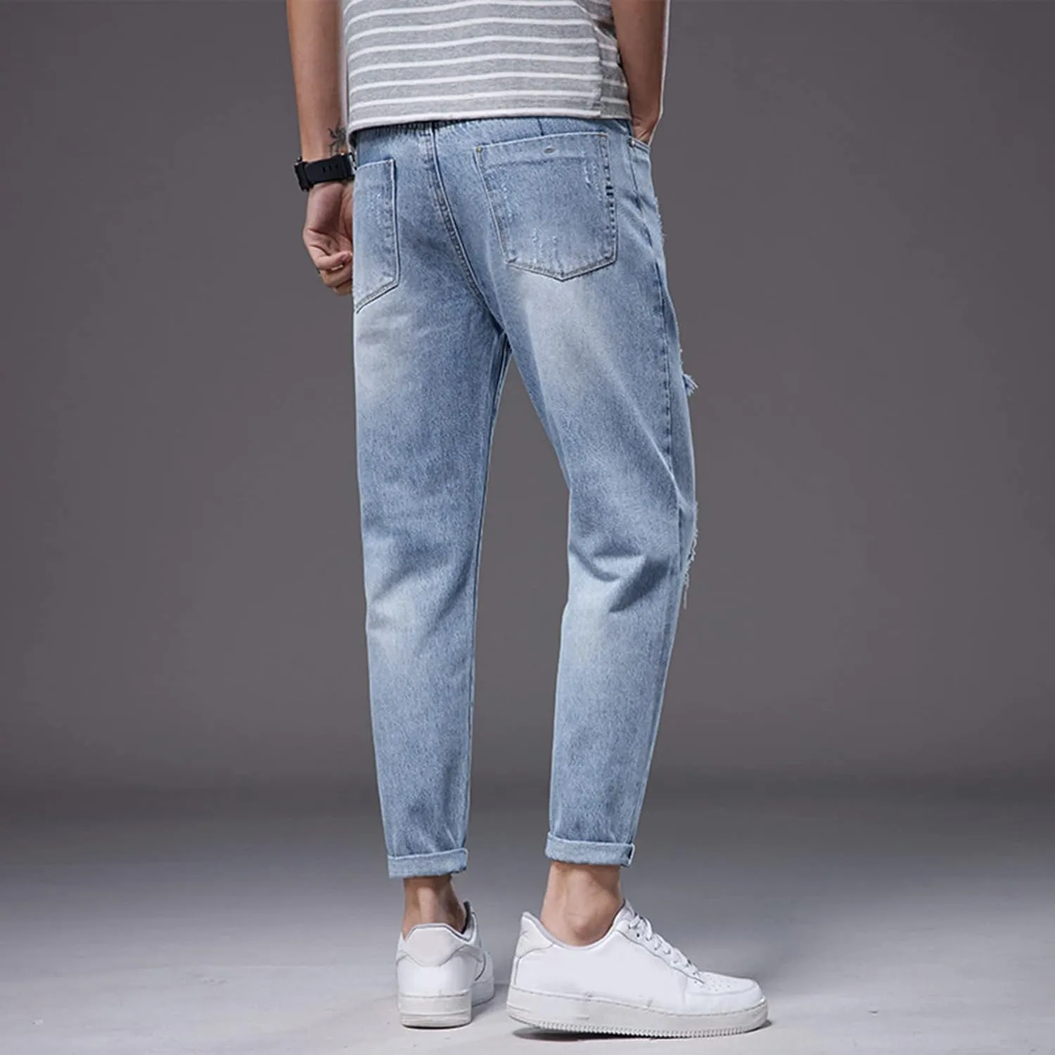 Men Jeans Pocket Drawstring Waist Solid Color Slim Toe Jeans Jeans Mens Relaxed Jeans Men Mens Fitted