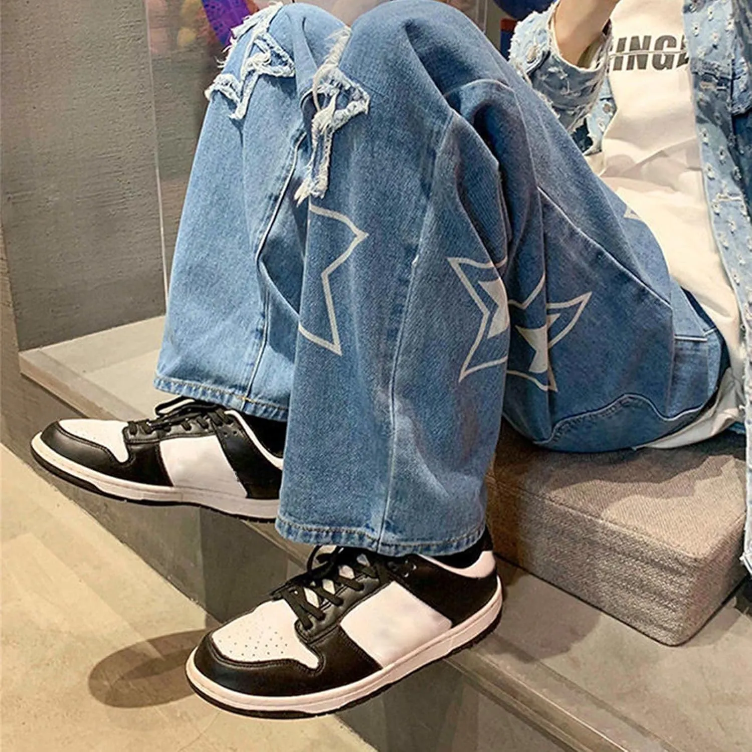 Men's Athletic-Fit Jean Old Men and Women Straight Korean Version Boys Casual Trousers Middle Waist Denim Long Pants