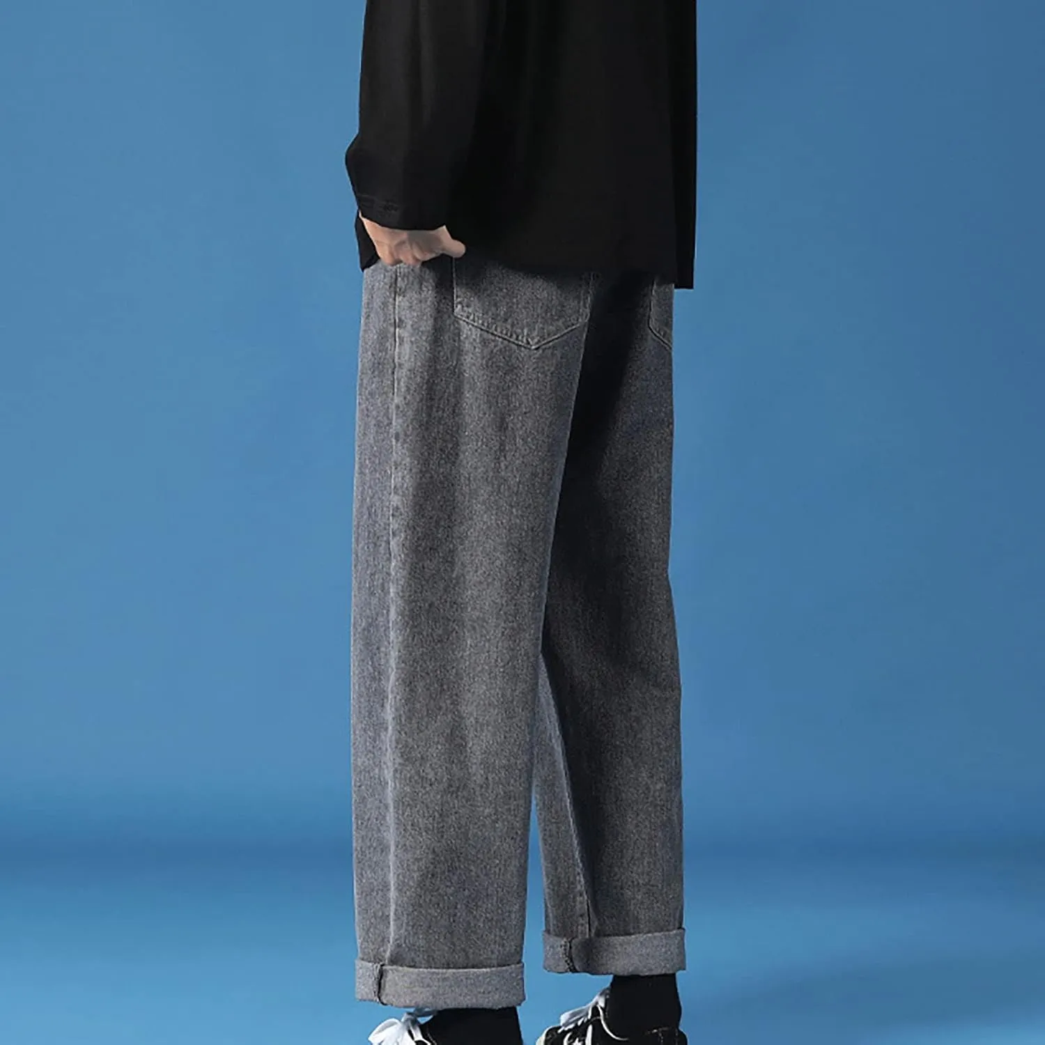 Men's Athletic-Fit Jean Old Men and Women Straight Korean Version Boys Casual Trousers Middle Waist Denim Long Pants