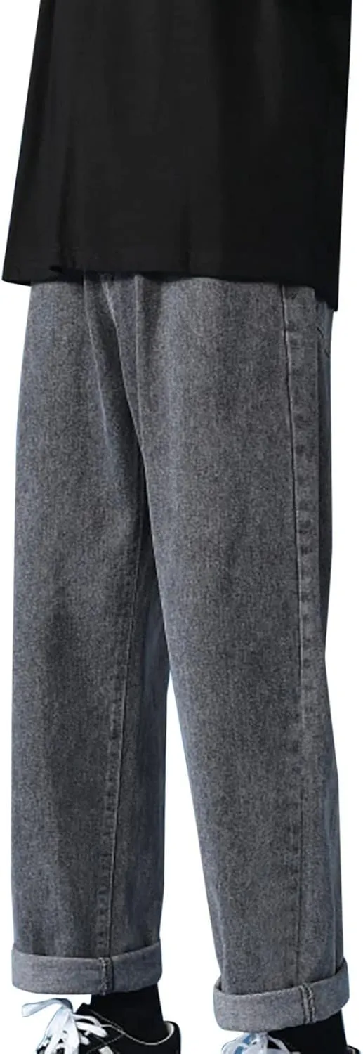 Men's Athletic-Fit Jean Old Men and Women Straight Korean Version Boys Casual Trousers Middle Waist Denim Long Pants