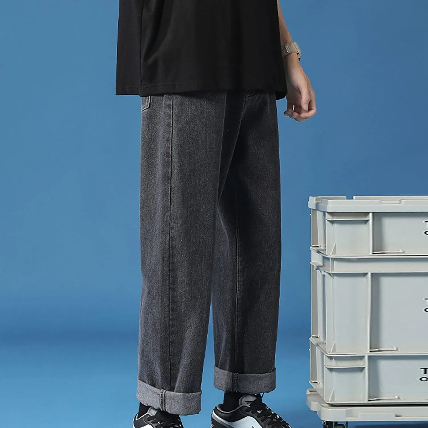 Men's Athletic-Fit Jean Old Men and Women Straight Korean Version Boys Casual Trousers Middle Waist Denim Long Pants