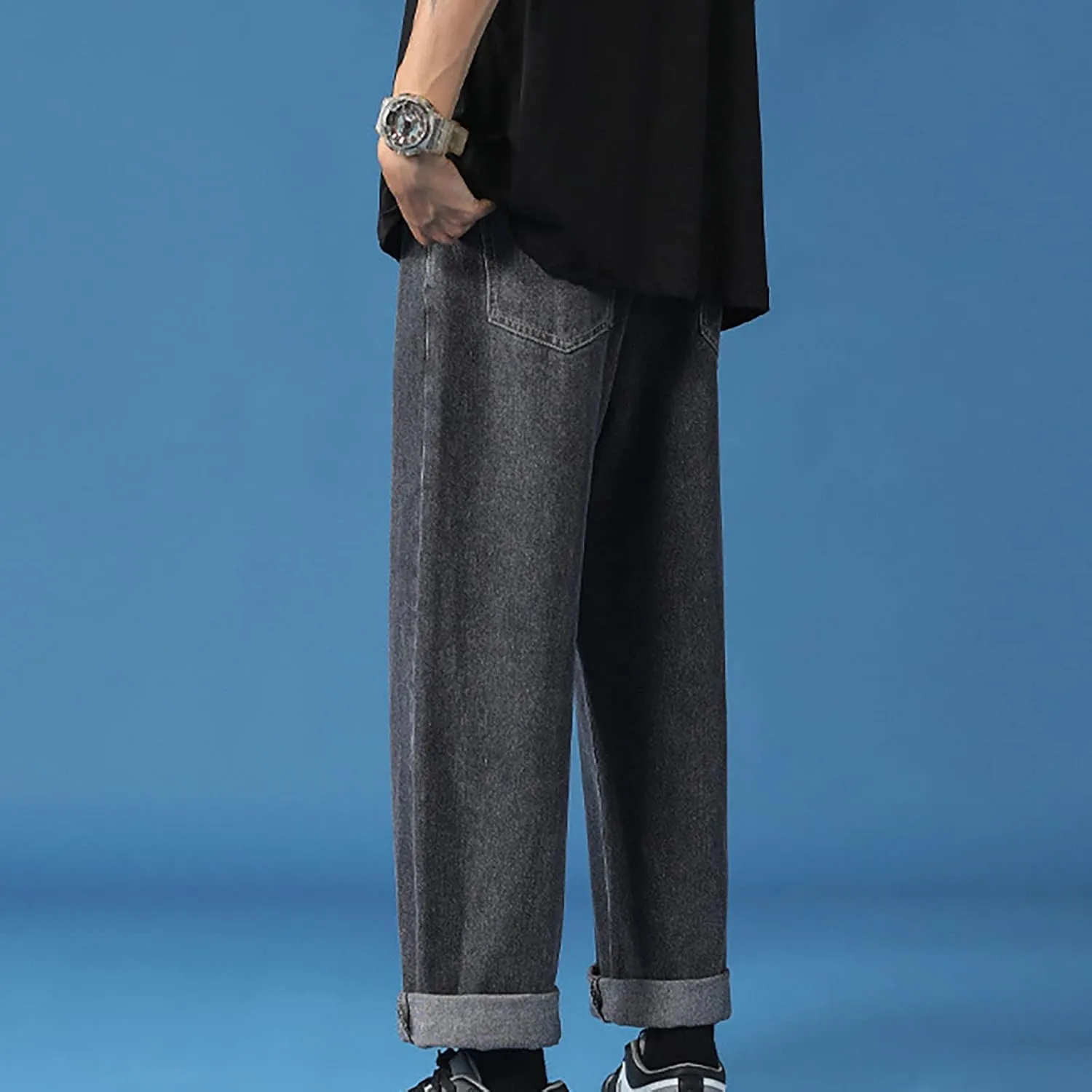 Men's Athletic-Fit Jean Old Men and Women Straight Korean Version Boys Casual Trousers Middle Waist Denim Long Pants