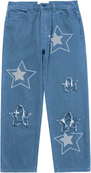Men's Athletic-Fit Jean Old Men and Women Straight Korean Version Boys Casual Trousers Middle Waist Denim Long Pants