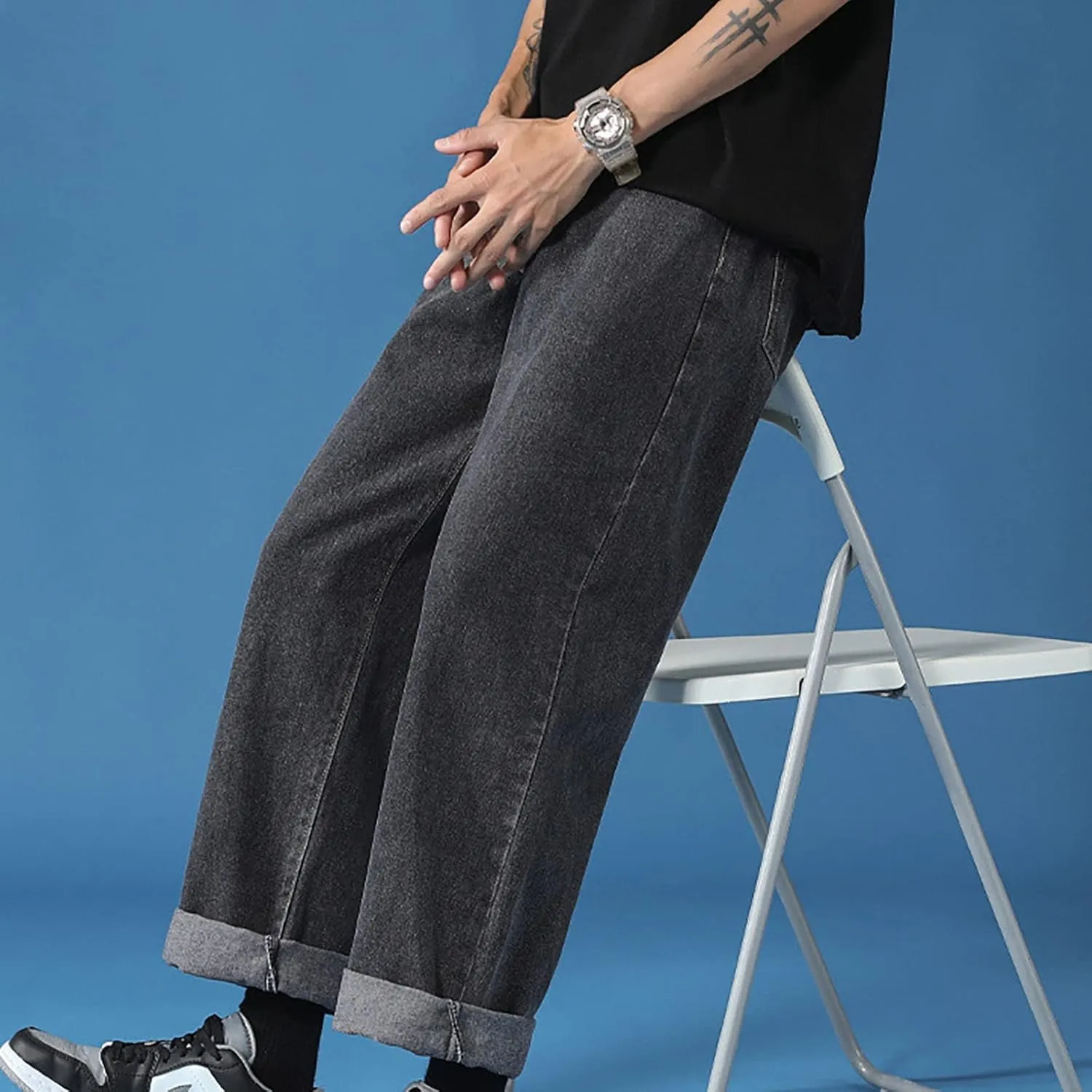 Men's Athletic-Fit Jean Old Men and Women Straight Korean Version Boys Casual Trousers Middle Waist Denim Long Pants
