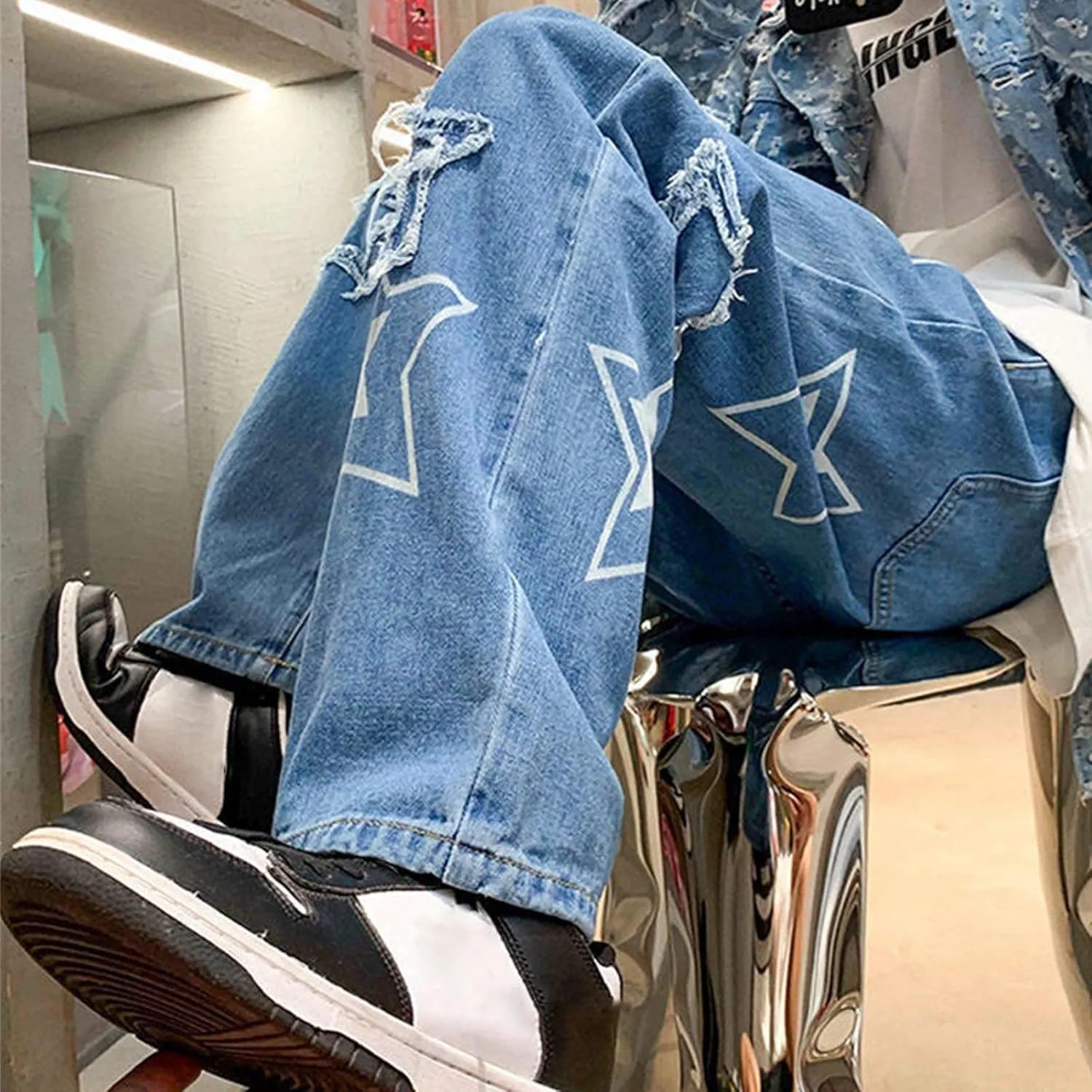 Men's Athletic-Fit Jean Old Men and Women Straight Korean Version Boys Casual Trousers Middle Waist Denim Long Pants