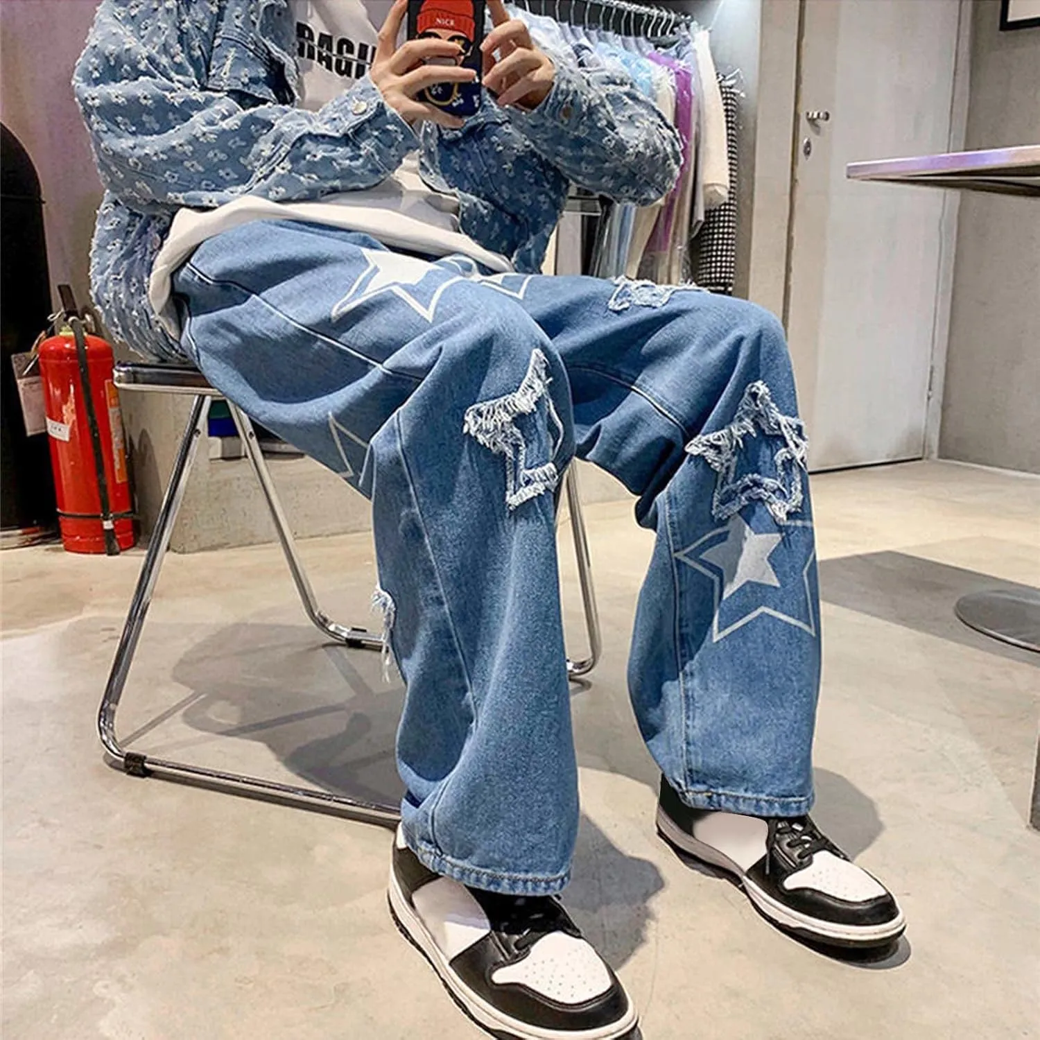 Men's Athletic-Fit Jean Old Men and Women Straight Korean Version Boys Casual Trousers Middle Waist Denim Long Pants