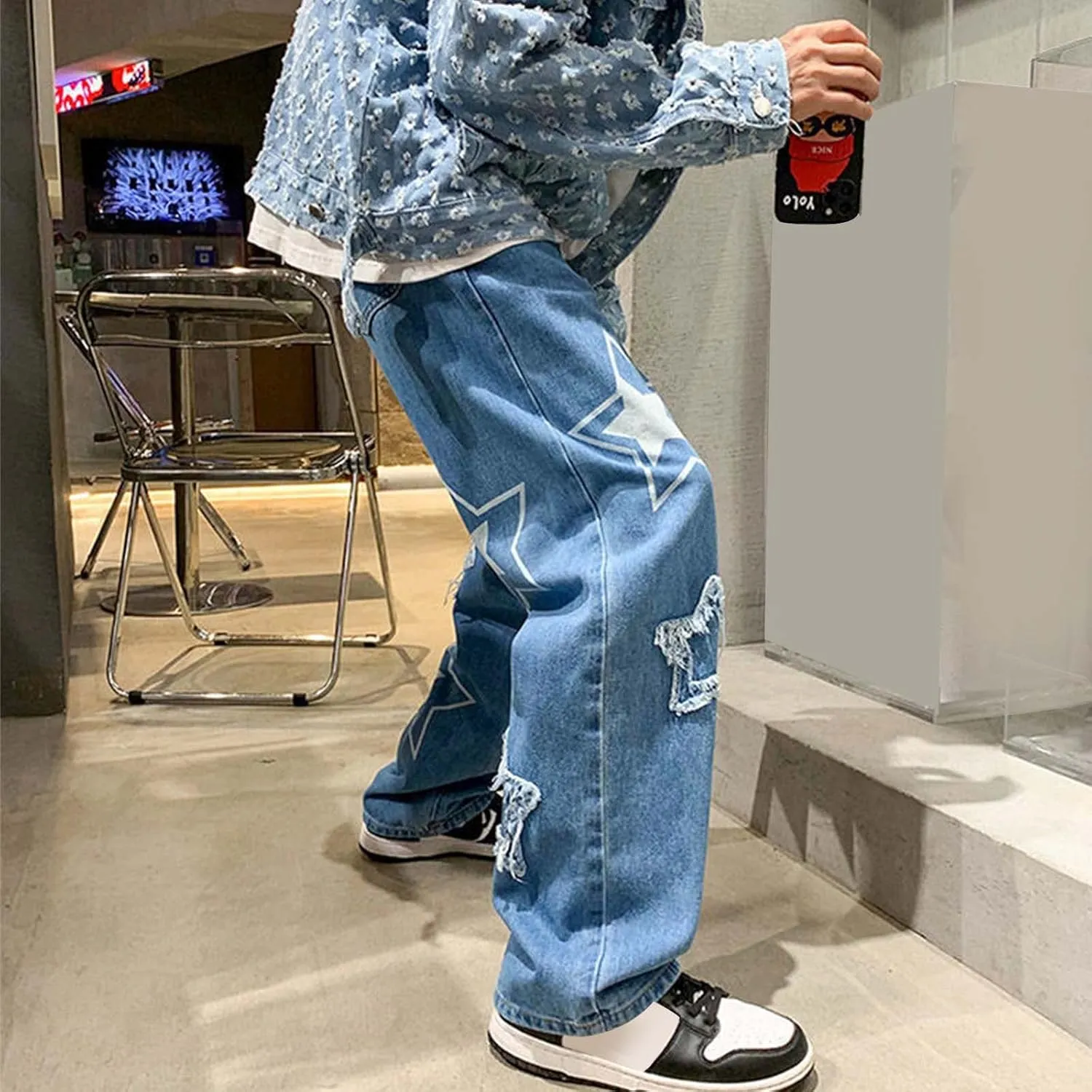 Men's Athletic-Fit Jean Old Men and Women Straight Korean Version Boys Casual Trousers Middle Waist Denim Long Pants